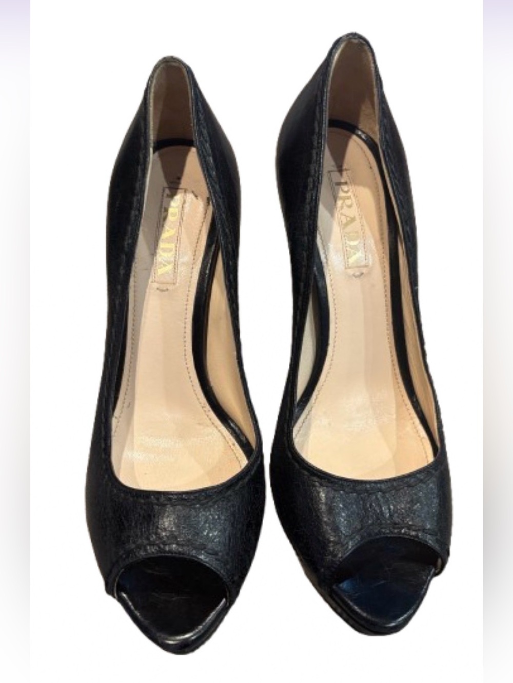 PRADA Black Distressed Leather Peep Toe Platform Pumps Heels EU 40